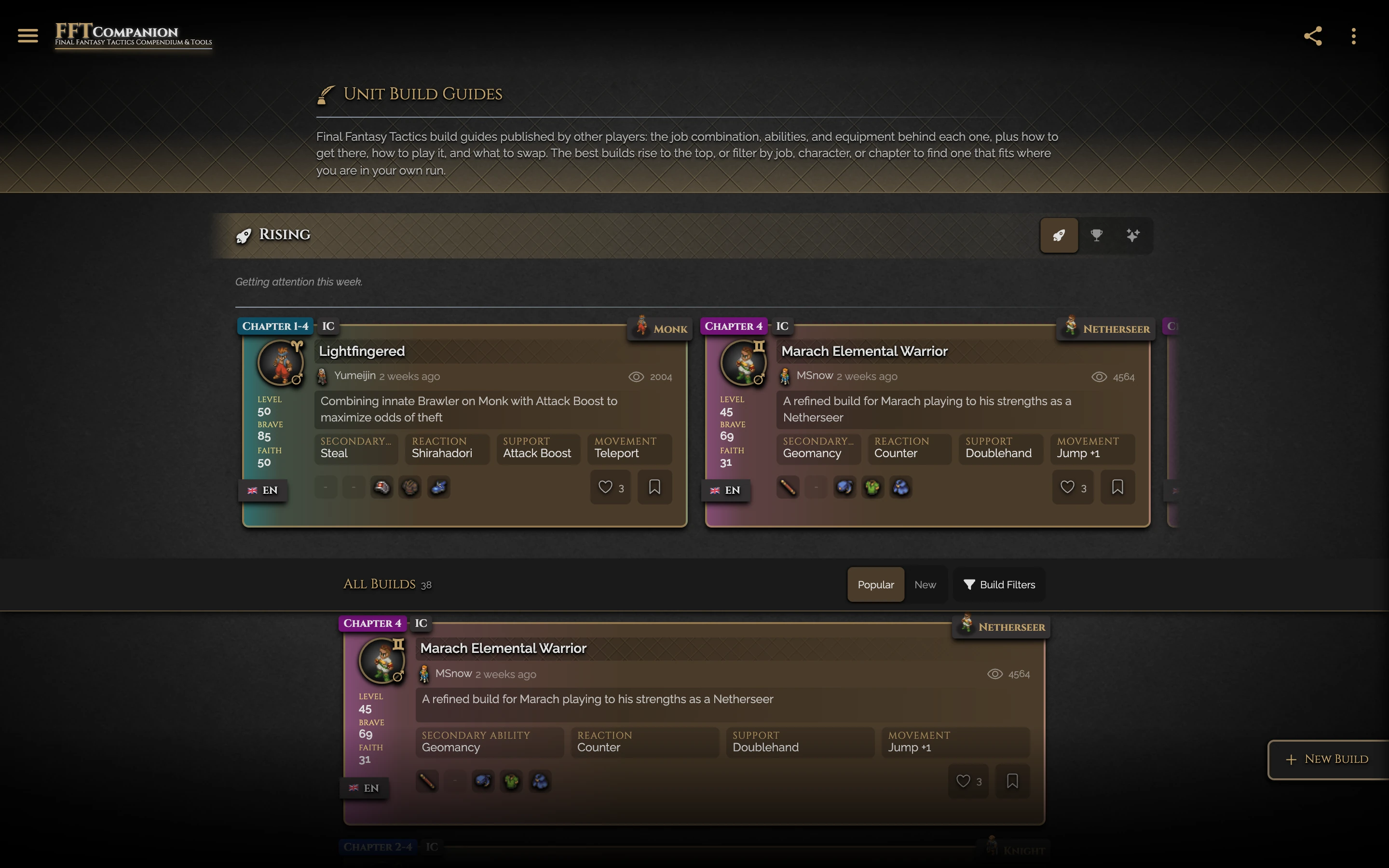 Build guides on the desktop, with Rising cards above the full list of builds