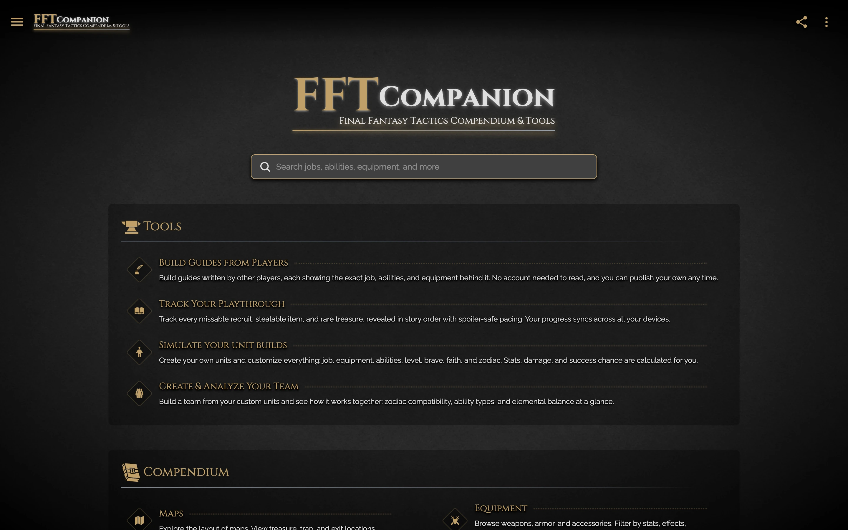 FFT Companion's home page on the desktop, with search, tools and the compendium