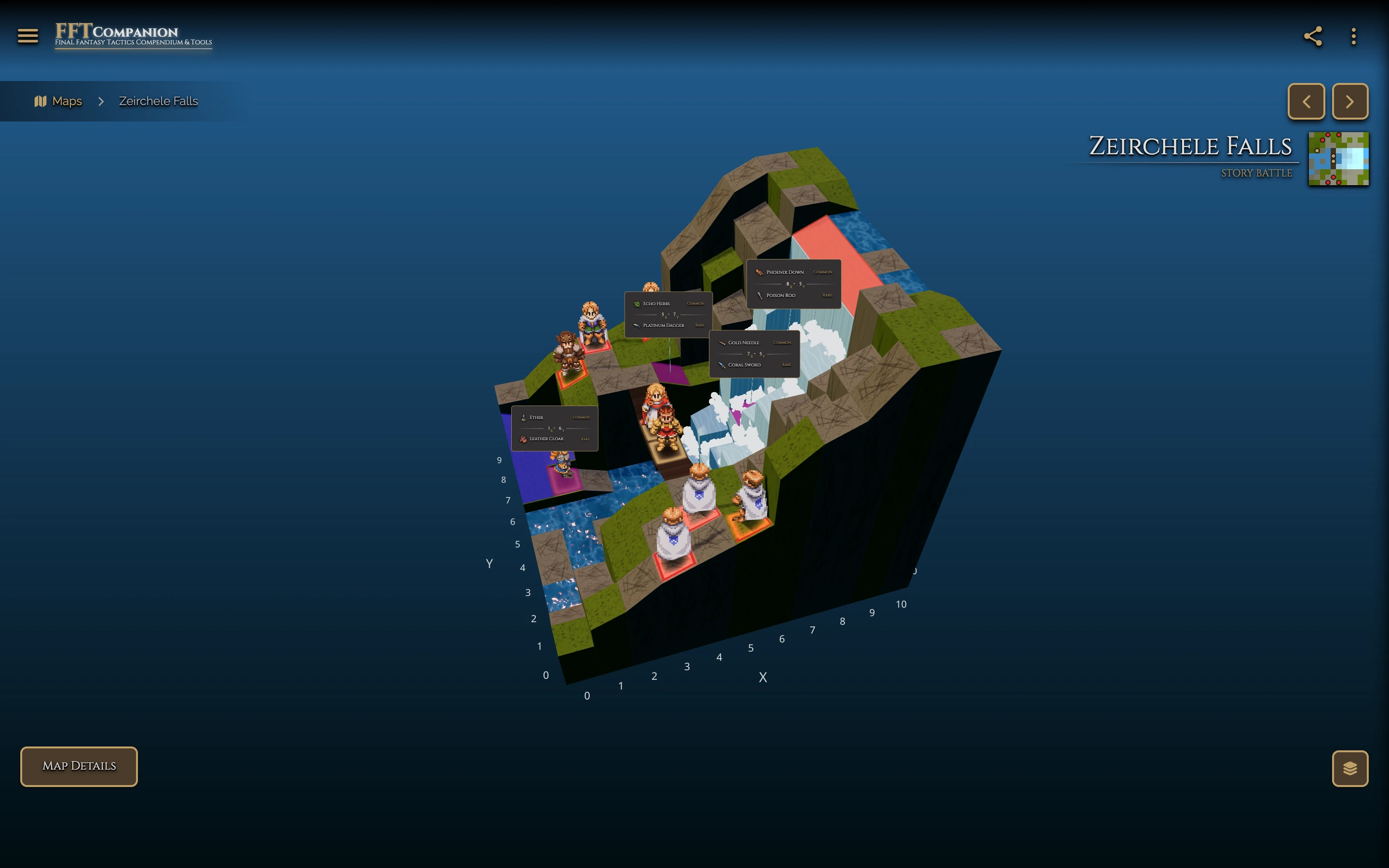 FFT Companion's 3D map viewer showing Zeirchele Falls with unit positions and grid coordinates