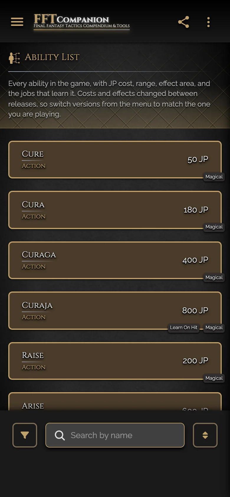Ability list showing Cure, Cura, Curaga and Curaja with their JP costs