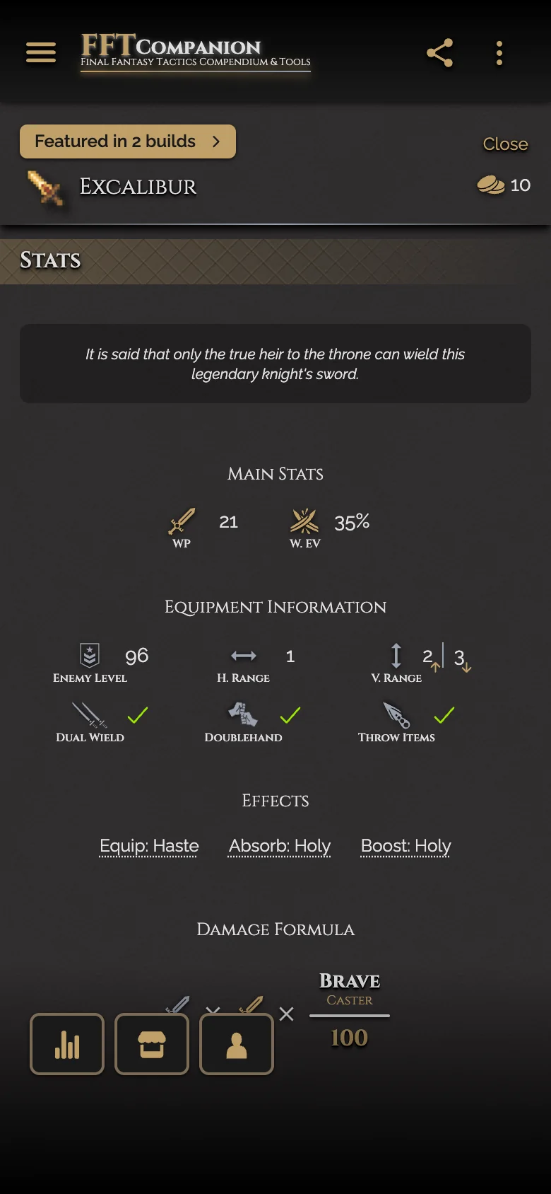Excalibur's equipment page with main stats, effects and damage formula