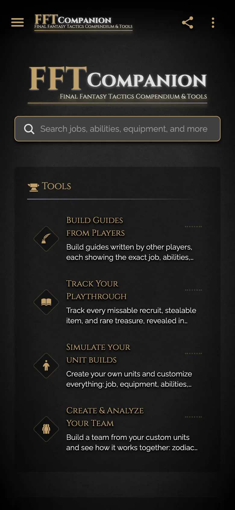 FFT Companion's home screen on a phone, with the search bar and the list of tools