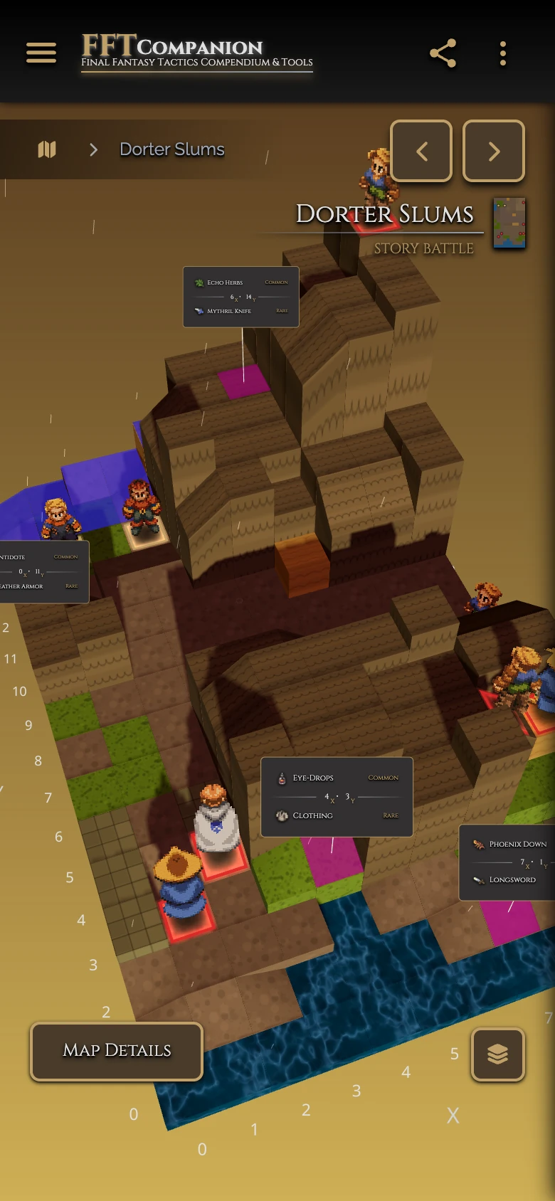 3D map viewer showing Dorter Slums with unit sprites, treasure callouts and grid coordinates