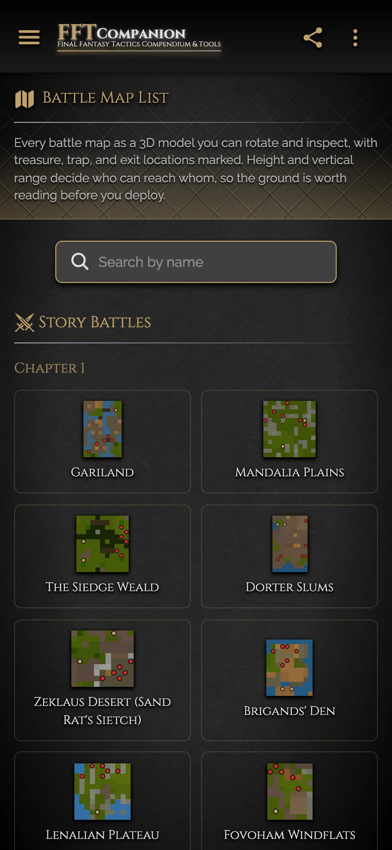 Battle map list with a top-down thumbnail of each map, grouped by chapter