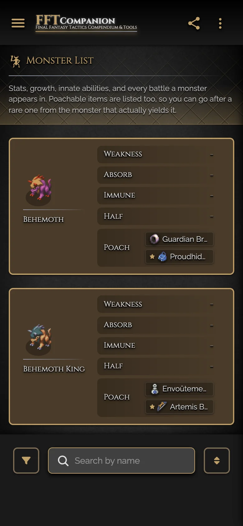 Monster list showing Behemoth and Behemoth King with weaknesses and poachable items