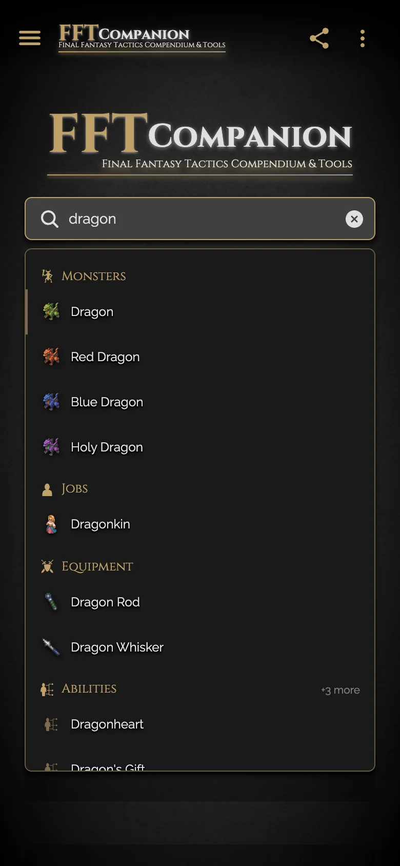 FFT Companion search results for “dragon”, grouped into monsters, jobs, equipment and abilities