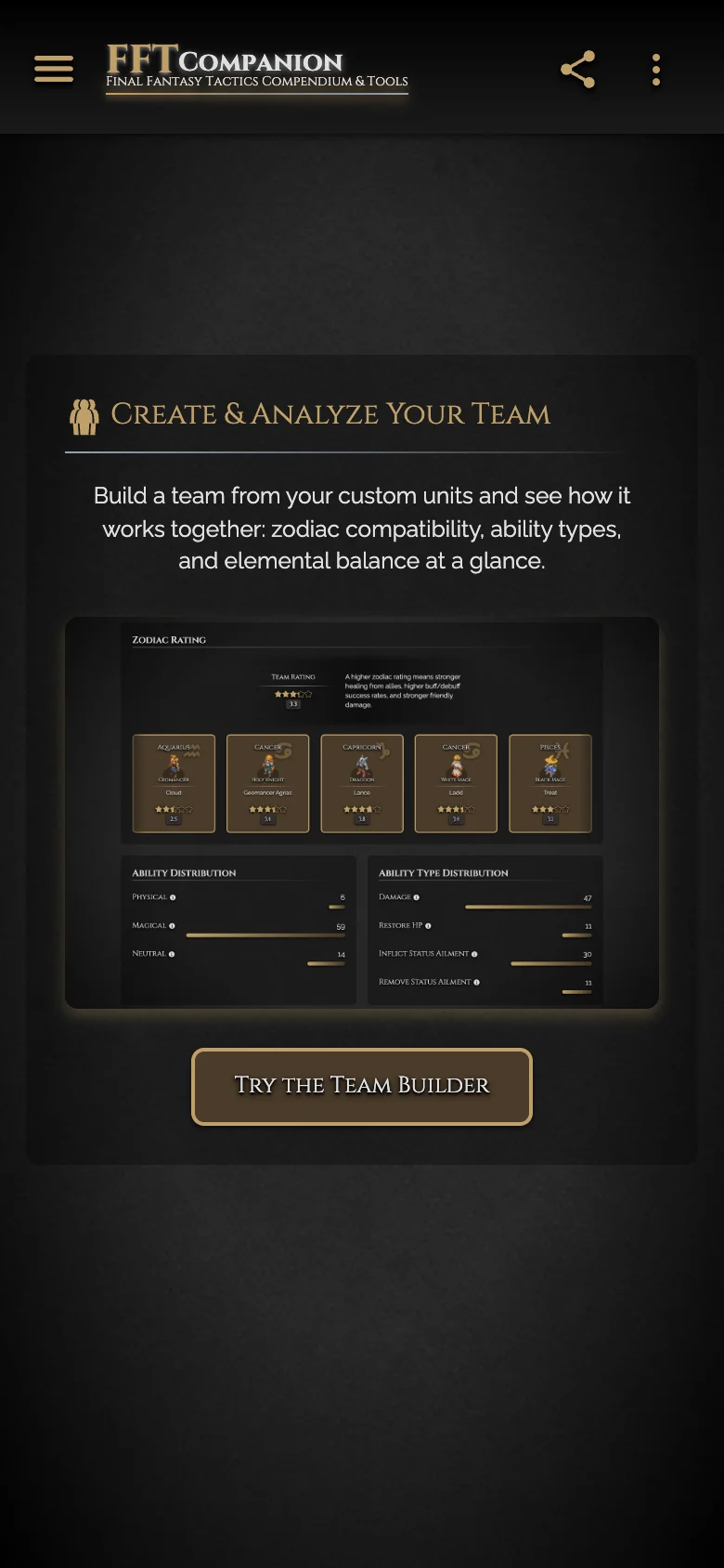 Team Builder page previewing zodiac compatibility and ability distribution for a team